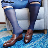 5Pairs Pack Men's Over the Calf Solid Color Silky Sheer Casual Dress Socks 0095