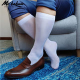 5Pairs Pack Men's Over the Calf Solid Color Silky Sheer Casual Dress Socks 0095