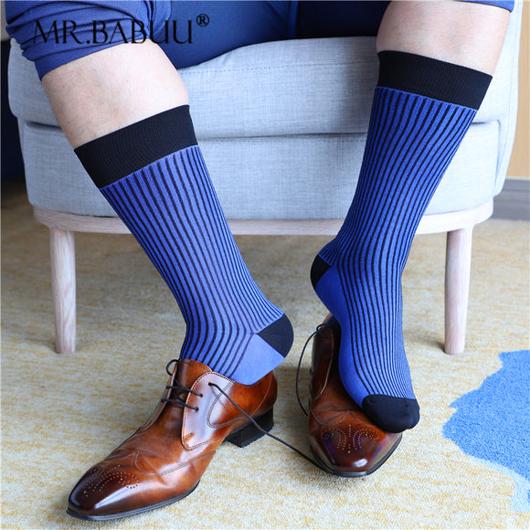 3Pairs Pack Men's Blue Black Striped Spandex Cotton Mid Calf Dress Suit Socks 0058