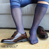 4Pairs Pack Men's Super Smooth Striped MId Calf Nylon Sheer Dress Socks 0028