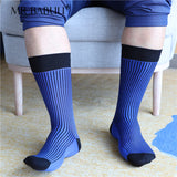 3Pairs Pack Men's Blue Black Striped Spandex Cotton Mid Calf Dress Suit Socks 0058