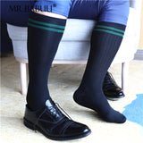 3Pairs Pack Men's Black Striped Green Circle Over The Calf Dress Socks 0061