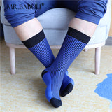 3Pairs Pack Men's Blue Black Striped Spandex Cotton Mid Calf Dress Suit Socks 0058