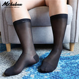 2Pairs Men's Mid Calf True Heel TNT Black Navy Silky Sheer Dress Socks 0011