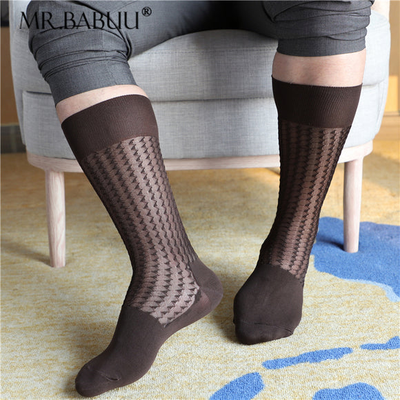 4Pairs Pack Men's Chinlon Spandex Wave texture Mid Calf Sheer Dress Suit Socks 0053