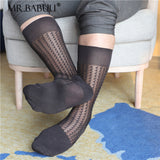 4Pairs Pack Men's Chinlon Spandex Wave texture Mid Calf Sheer Dress Suit Socks 0053