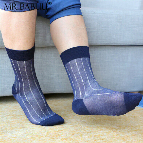 2Pairs Pack Mens wide striped thin cotton sheer fashion dress socks 0052